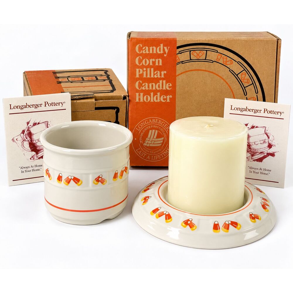 Longaberger Pottery Candy Corn Crock Pillar Candle Holder Set Halloween w/ Boxes